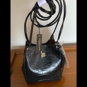 London Fog Black Croc-Embossed Satchel with Gold Accents